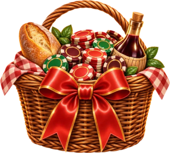 A wicker basket with bread, wine and chips, tied with a red bow — the Daily Gift